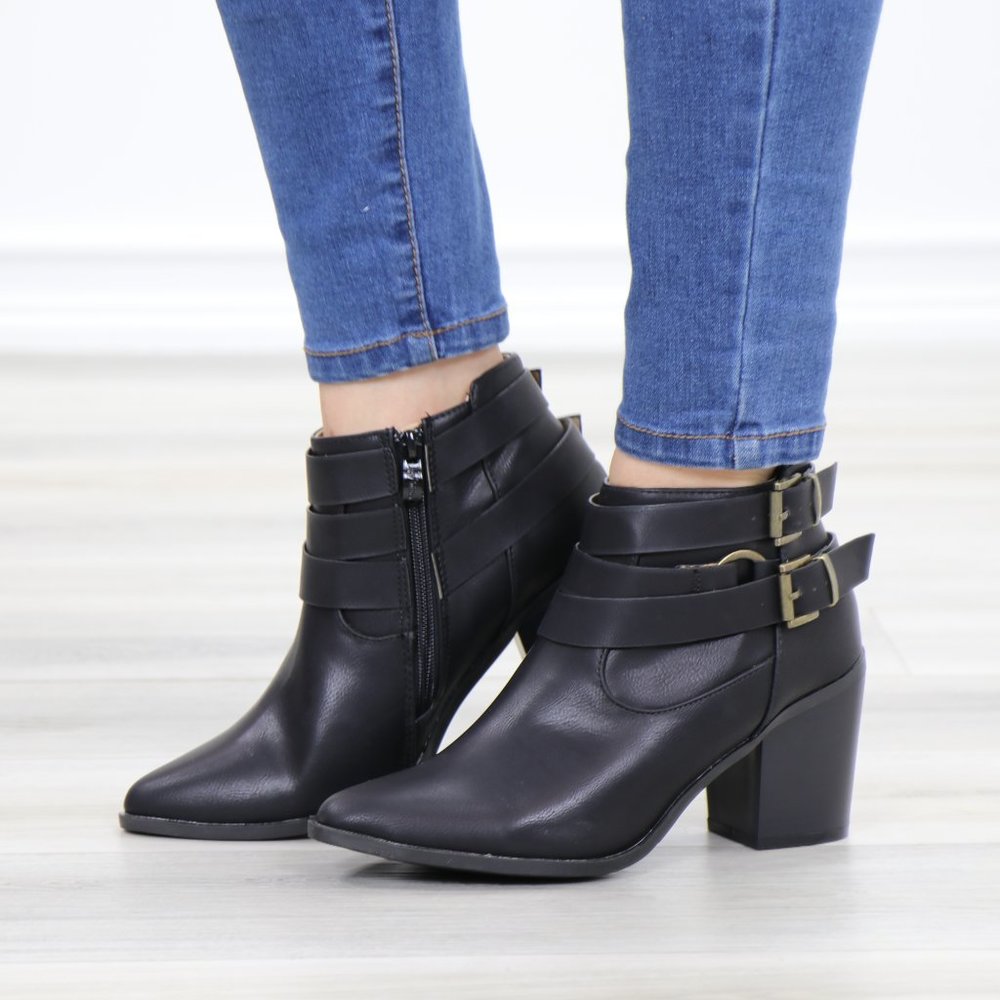 Pointy Toe Black Ankle Boots w/ Buckles - Picture 11 of 12
